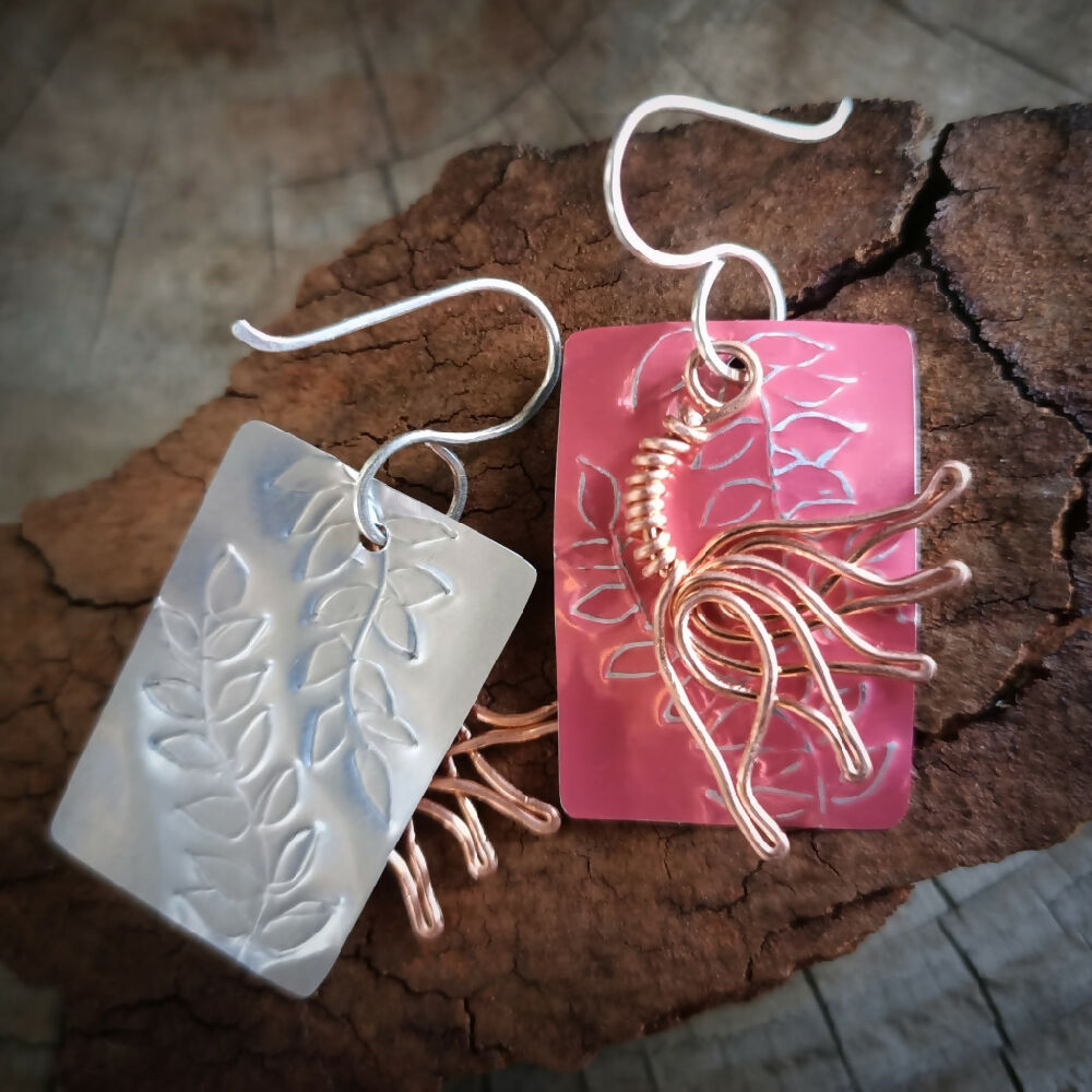 pink upcycled drink can dangle earrings with copper flower and sterling silver