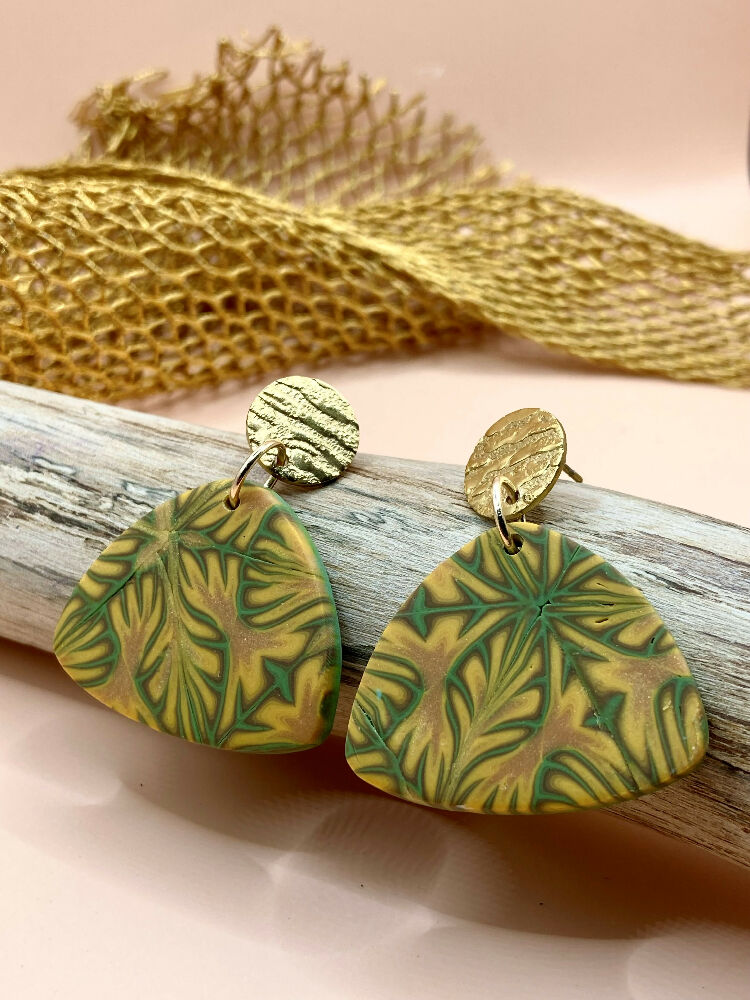 Olive and gold triangle dangle studs