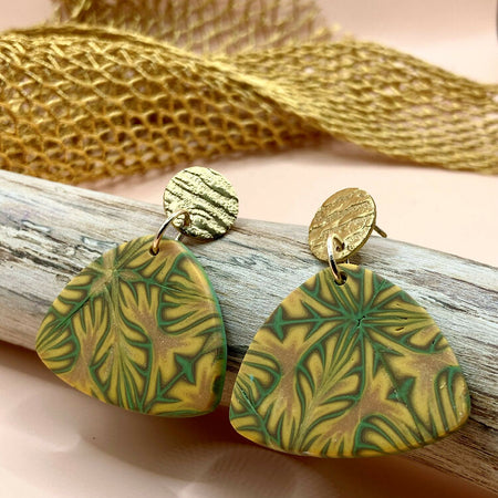 Olive and gold triangle dangle studs