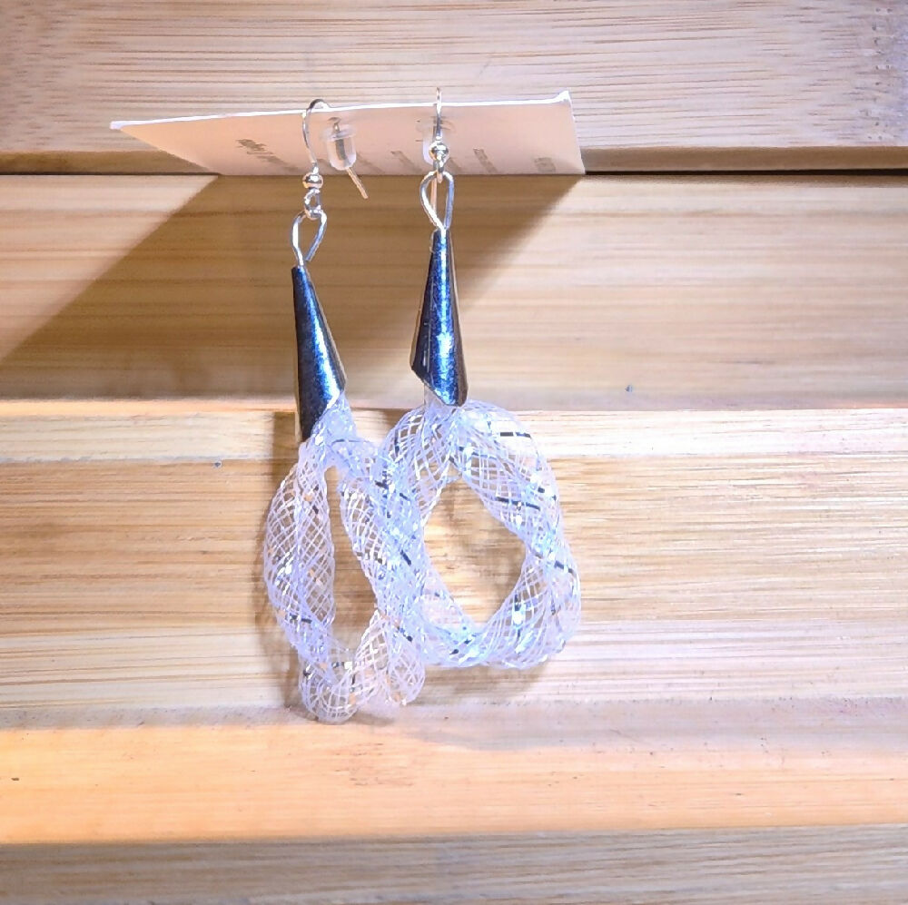 Dangle Earrings. White and silver nylon mesh.
