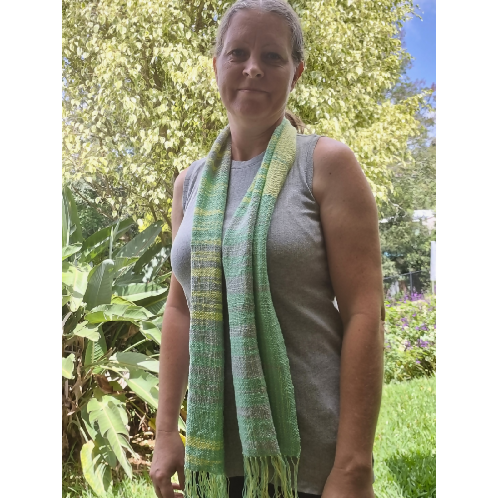 australian-artist-handmade-handwoven-green-yellow-grey-cotton-scarf-2