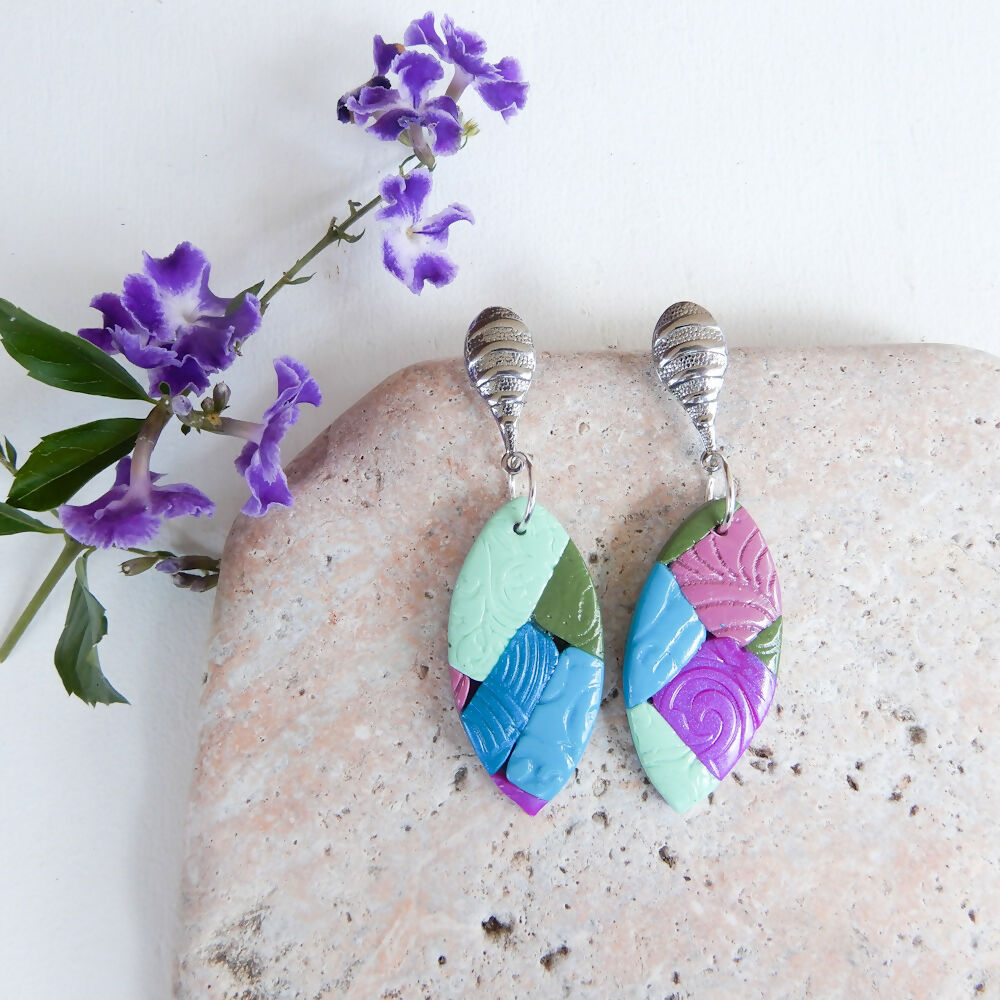 Patchwork Polymer Clay Earrings "Columbine" Leaf