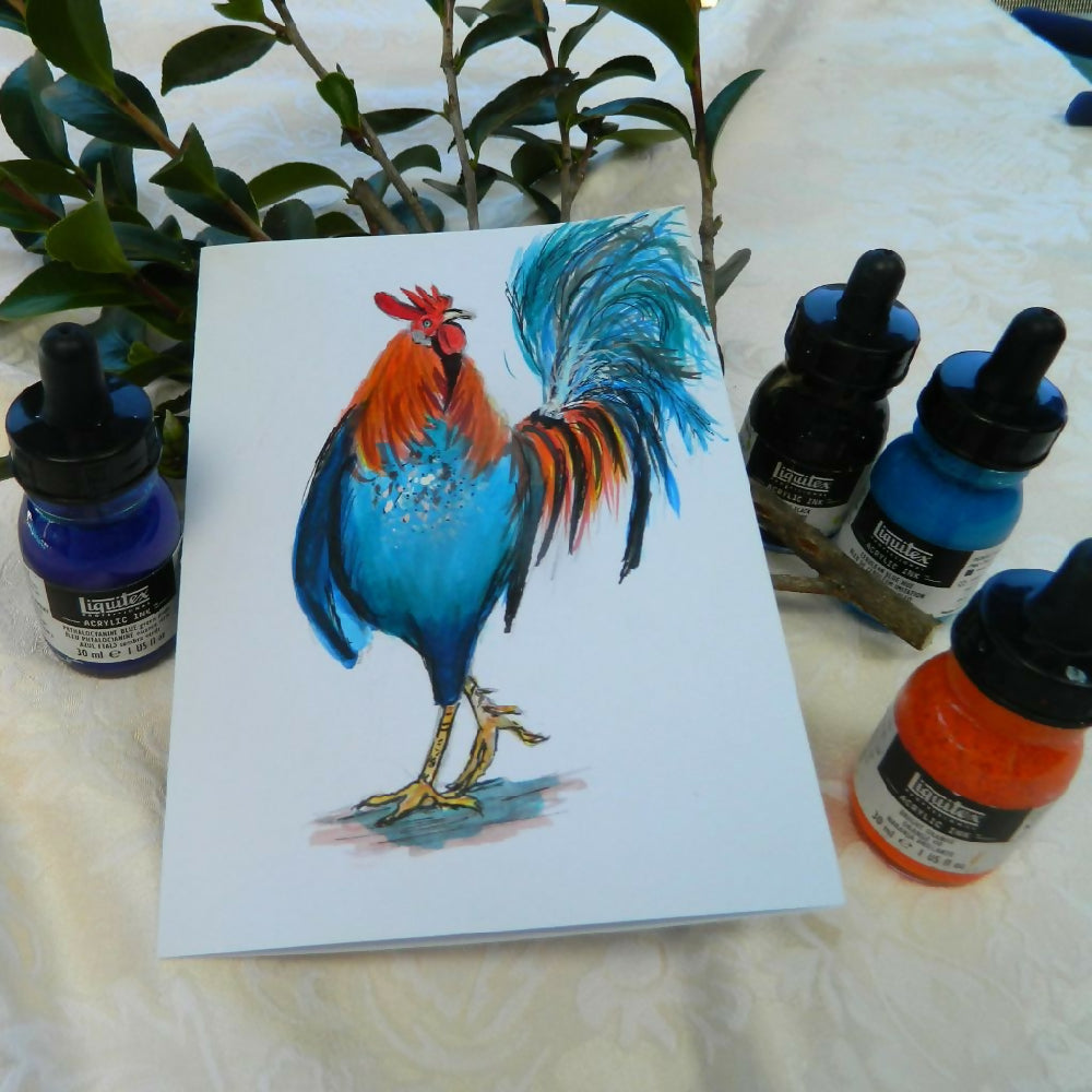 rooster card with leaves and ink