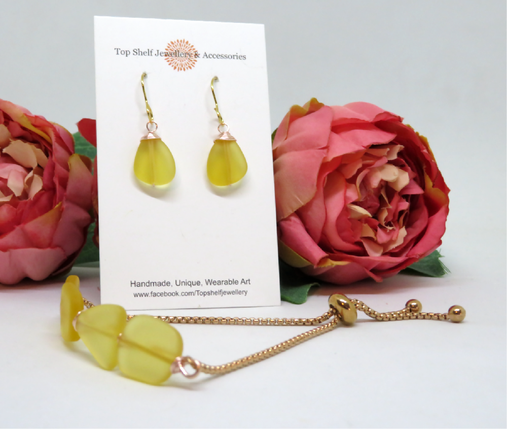 Lemon Cultured Sea Glass Wire Wrapped Slider Bracelet and Earring Set