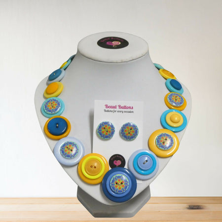 Button necklace and earrings - Blue Mandala