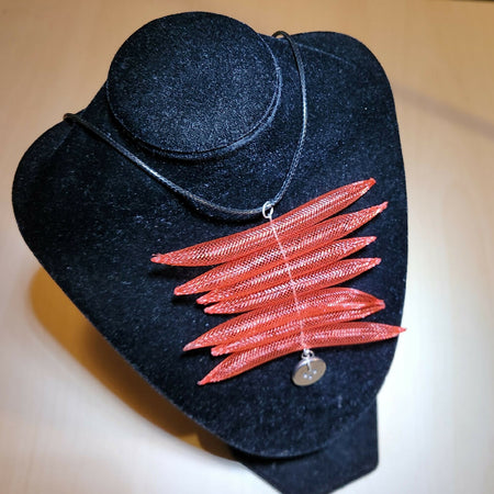 Pendant necklace, Red nylon Mesh Tubing.