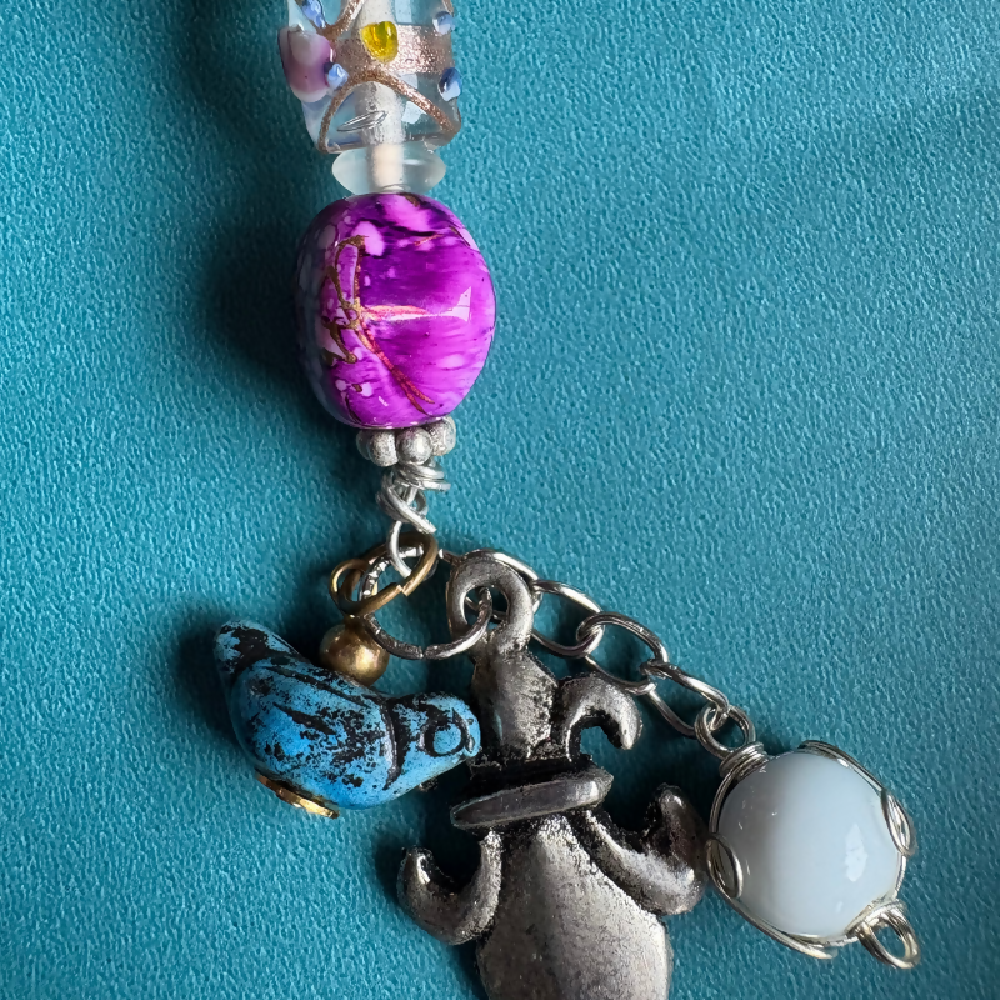 Boho beads with sari silk, handspun wool and charms by Leumesin Handmade