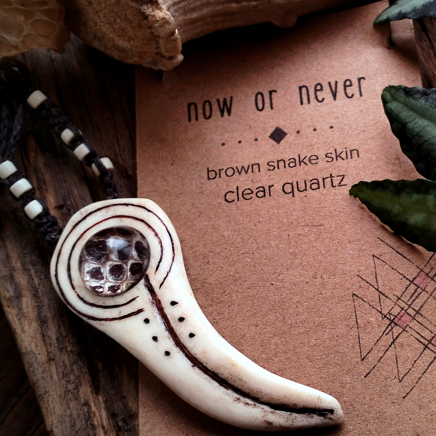 •| CLEAR QUARTZ | BROWN SNAKESKIN | DEER ANTLER |•  talisman necklace