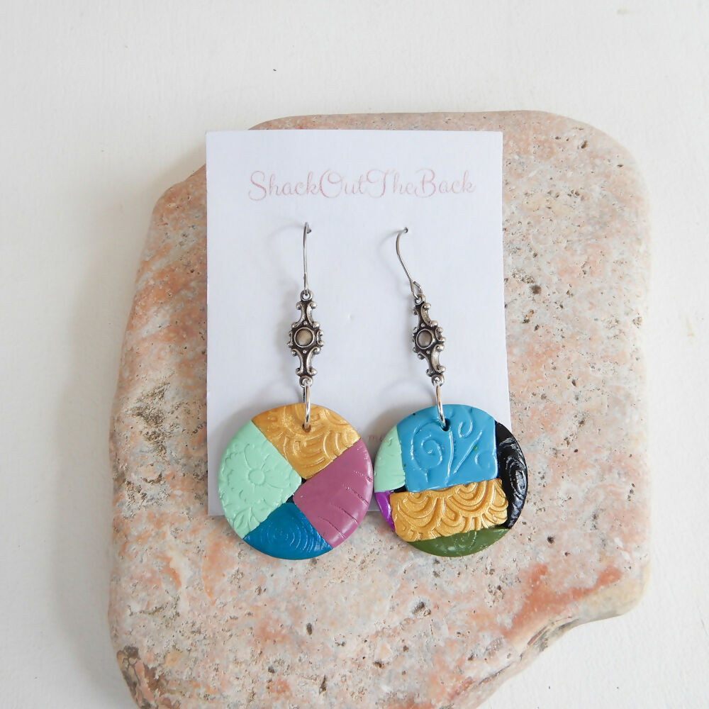 Patchwork Polymer Clay Earrings "Columbine" Round