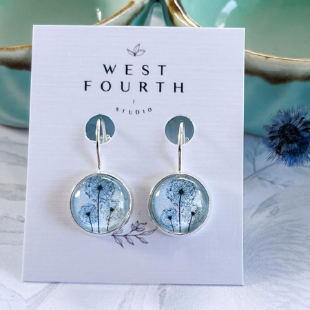 Blue Dandelion Earrings handmade with Paper and Glass