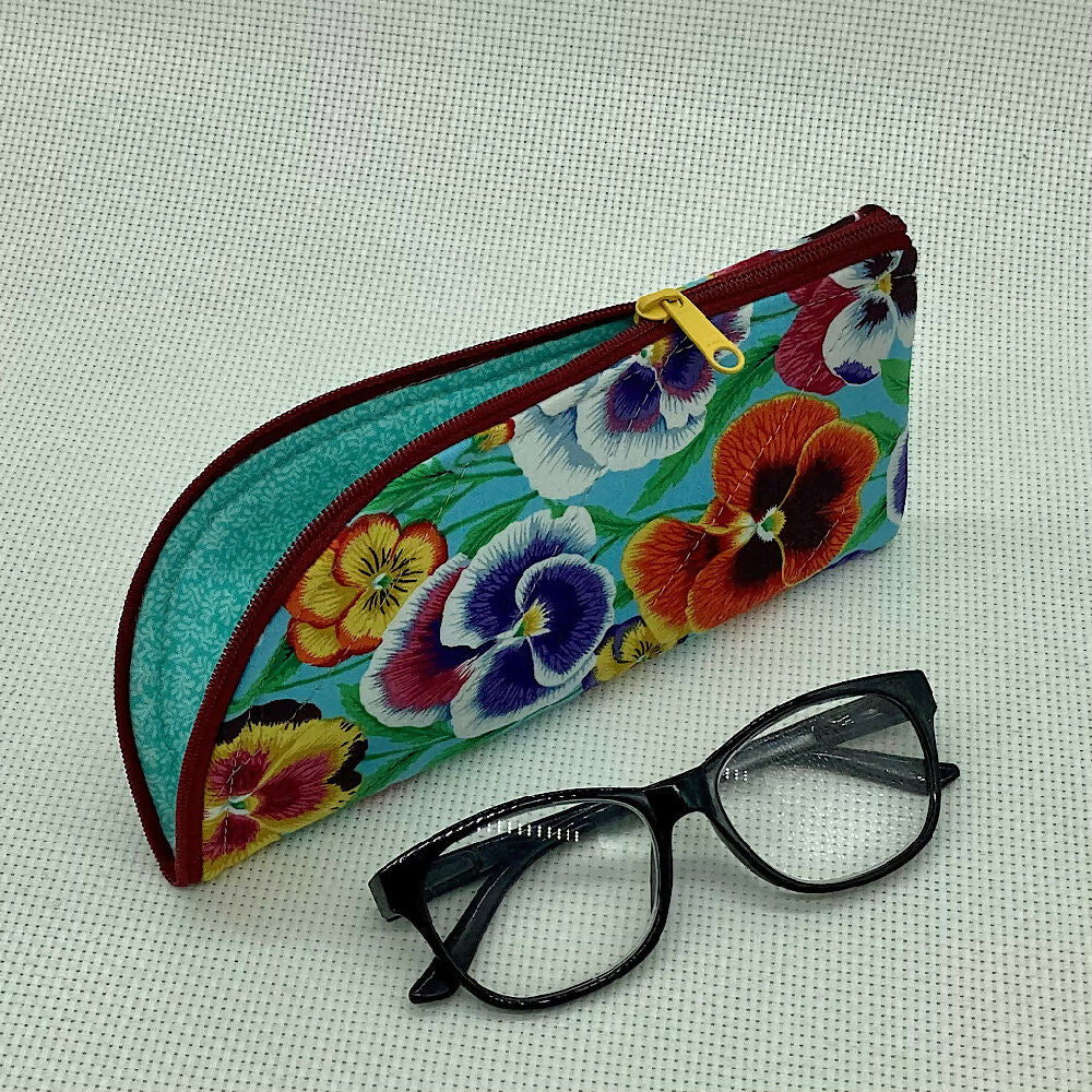 Pansies curved top zip pouch for glasses, phones, handbag organiser, etc.