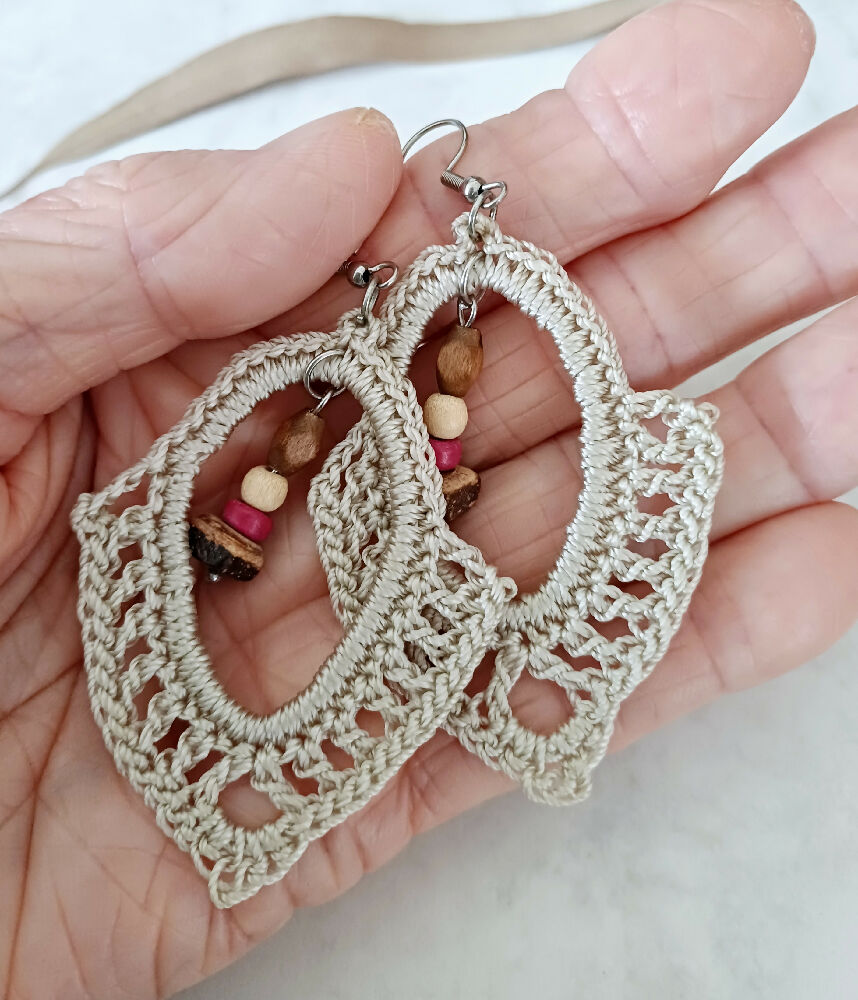 Cream Earrings with Wood Beads