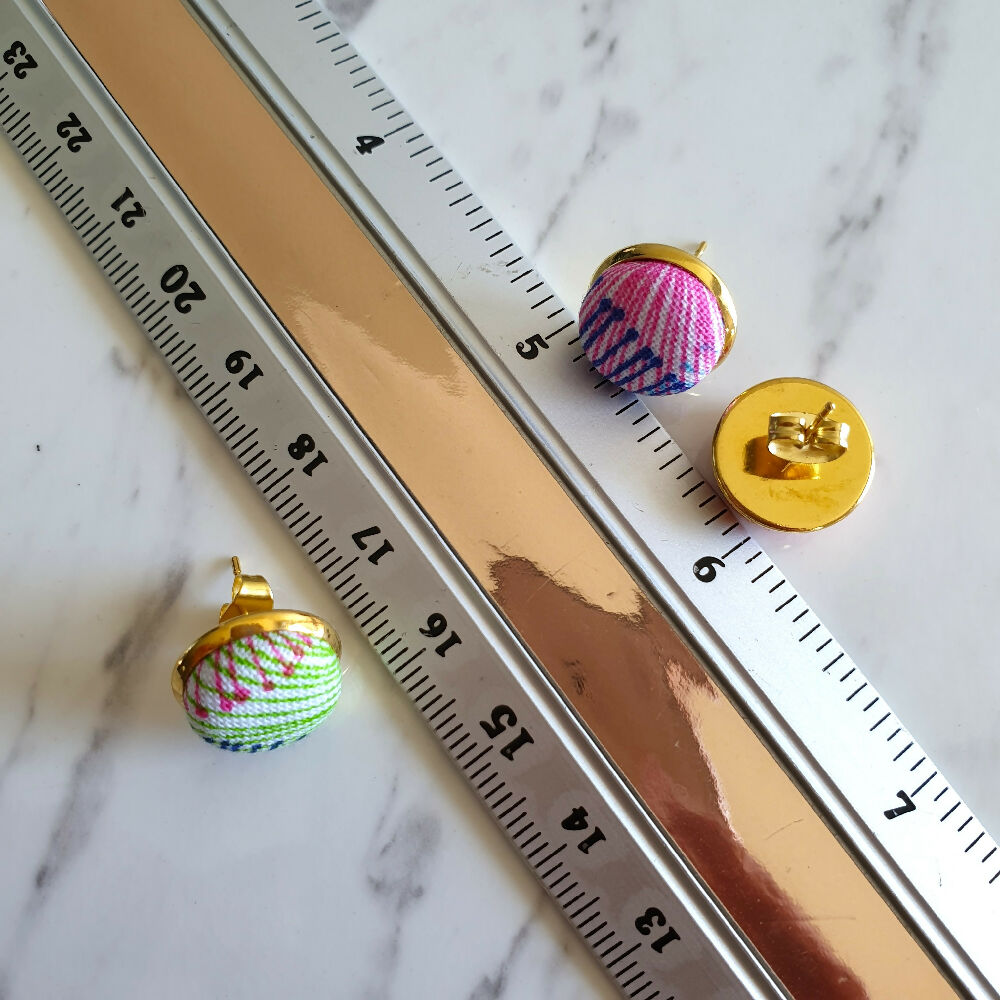 1.4cm Round Colourful Line cotton fabric Gold colour Cabochon stud earrings