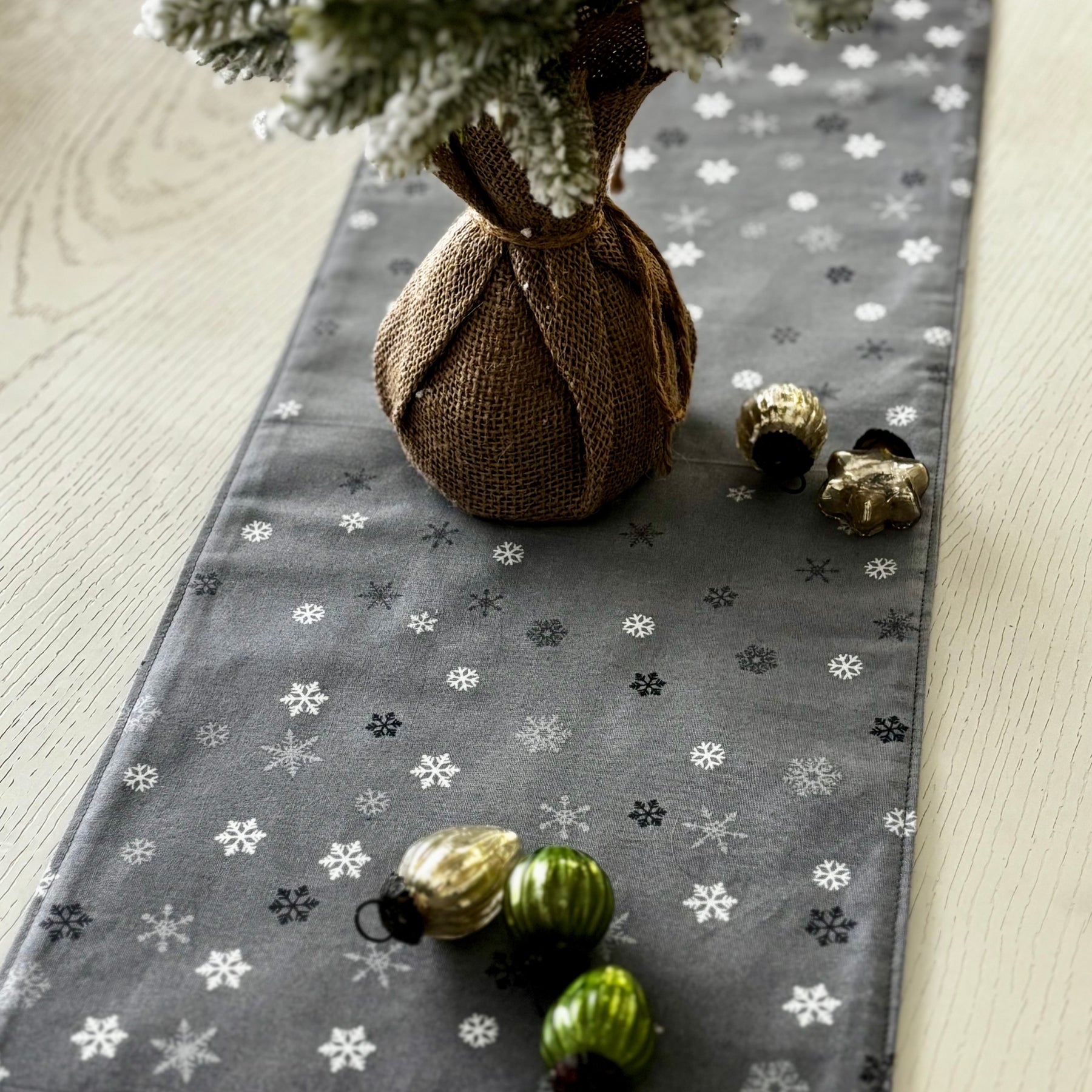 Silver Grey with  white Snowflake Table Runner