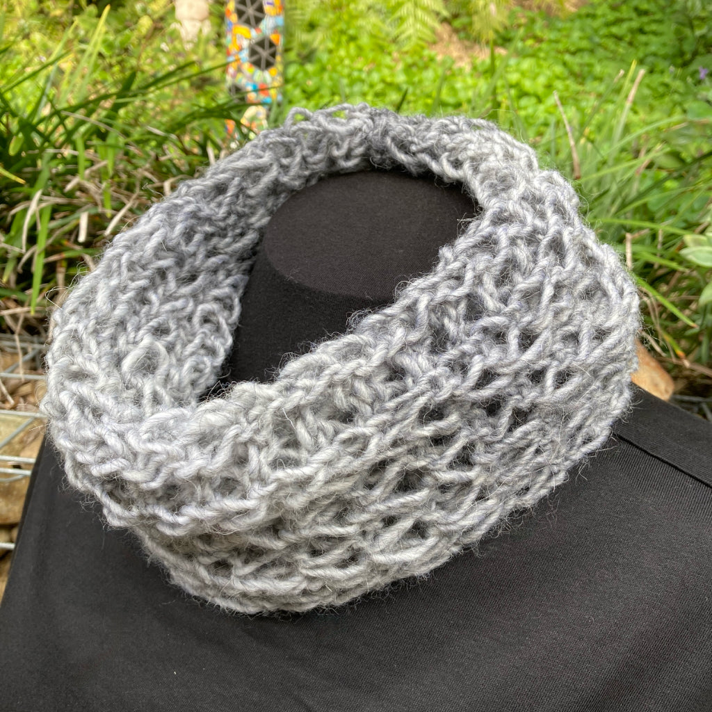 Hand-knitted Cowl - Scarf - Soft and Stretchy - Silver/Grey