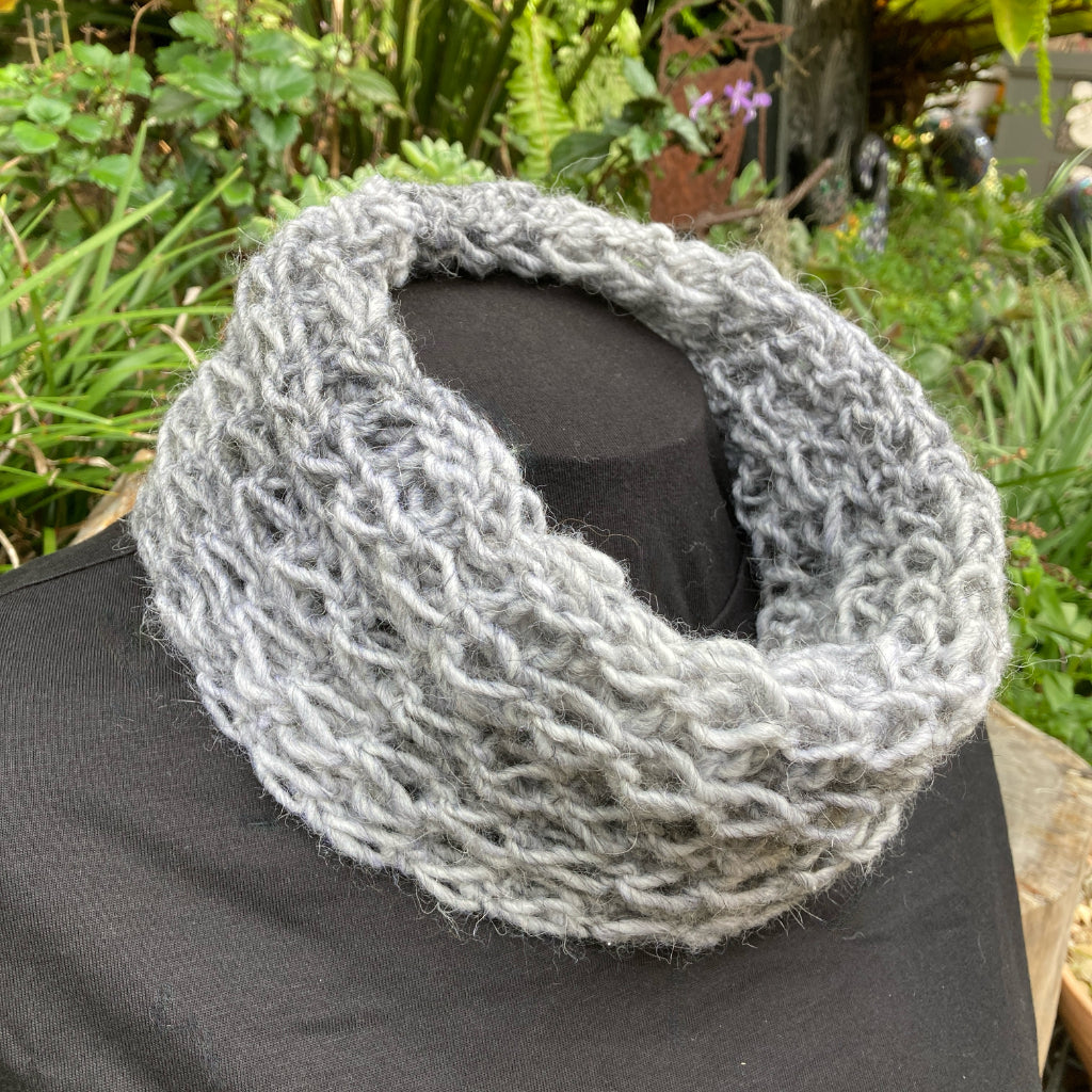 Hand-knitted Cowl - Scarf - Soft and Stretchy - Silver/Grey