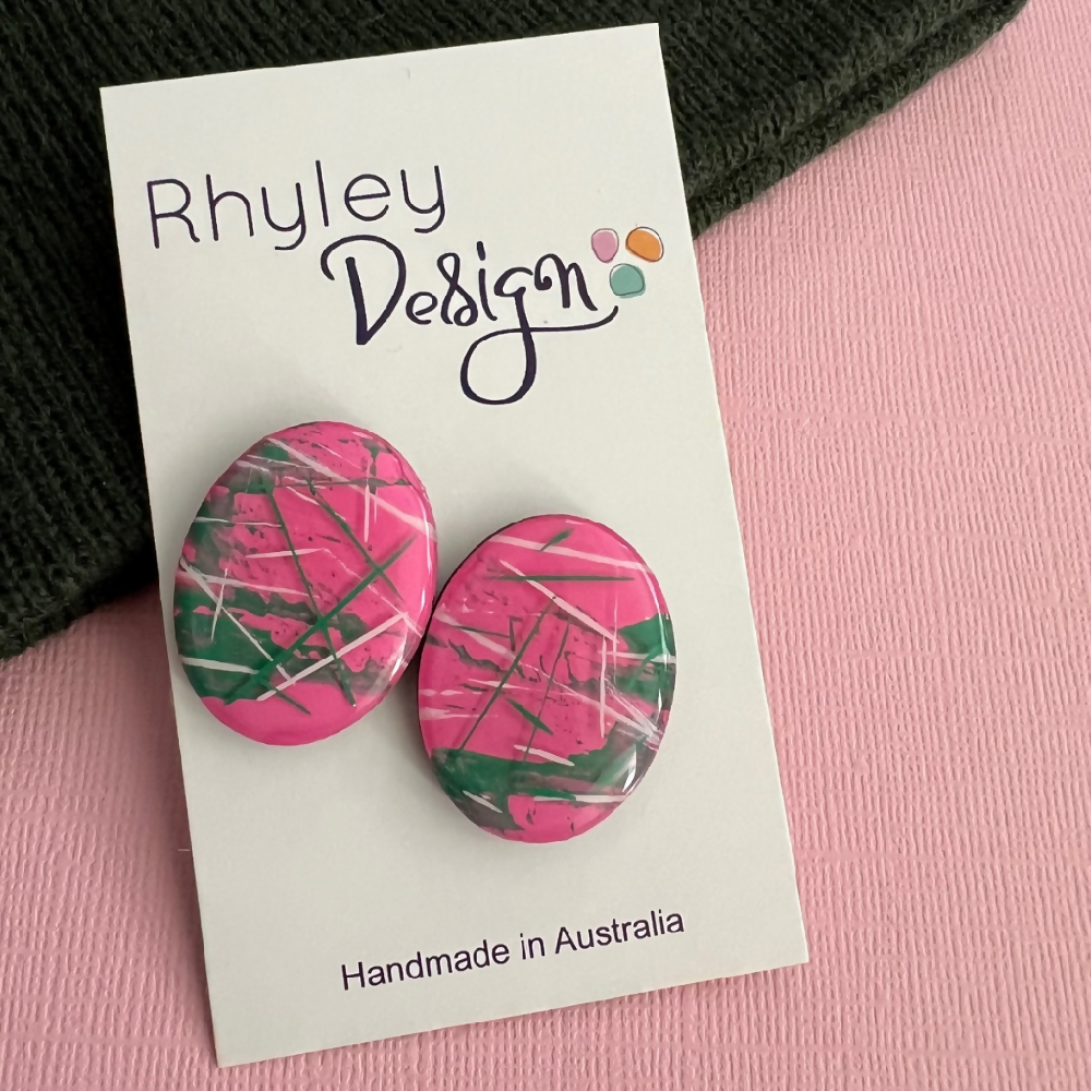 Painted Pink Wood Statement Stud Earrings