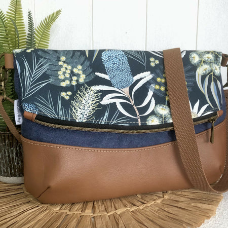 Fold Over Bag in Tan Leather, Canvas and Moonlight Flora Fabric