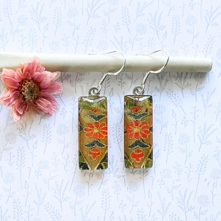 Flower Earrings made with Japanese Paper, Resin and Glass