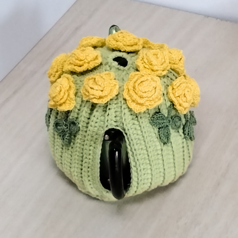 Yellow-roses-medium-large-teacosy-top-green-teapot-Australian-made-watch-the-birdy-crochet