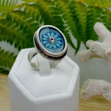 Blue Daisy cubic zirconia Silver Ring w/ Ostrich Eggshell inset