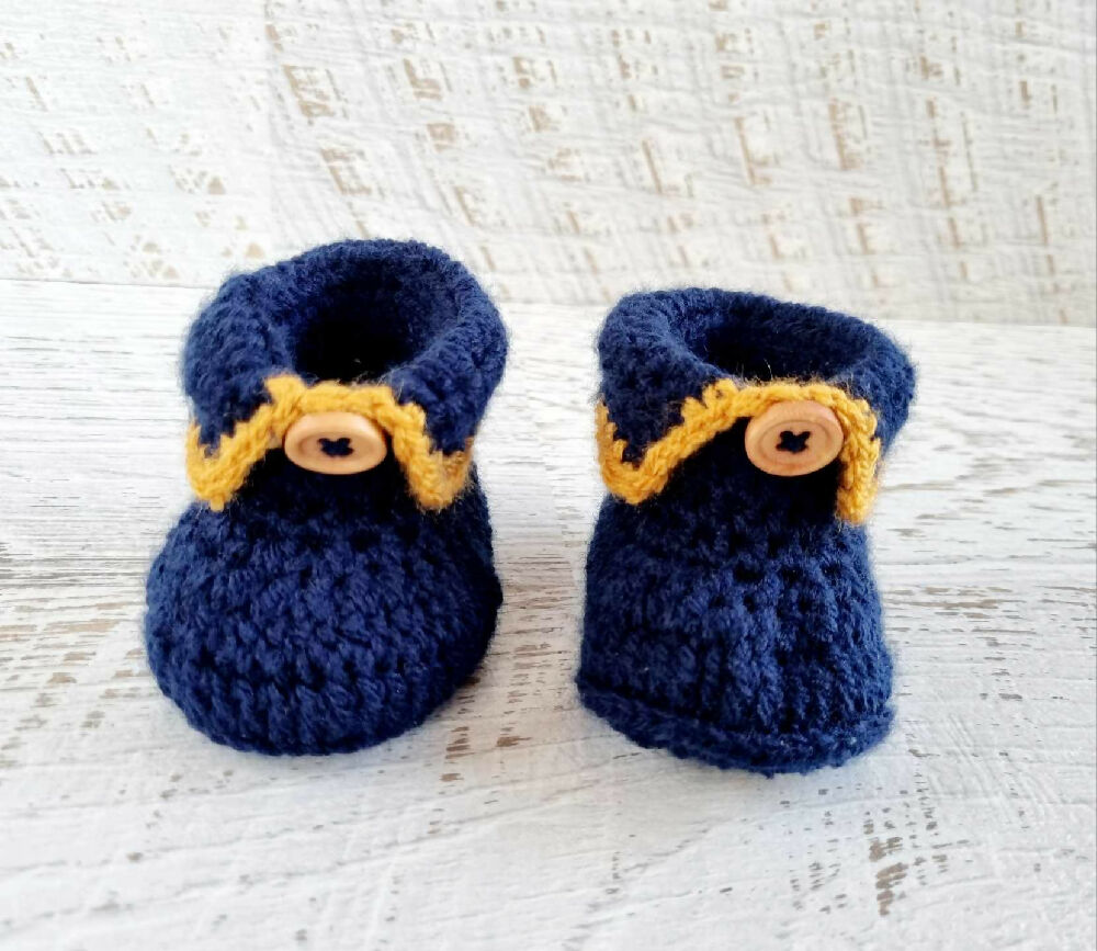 Baby Booties Navy Blue & Mustard Newborn Crochet Knit Shoes Socks