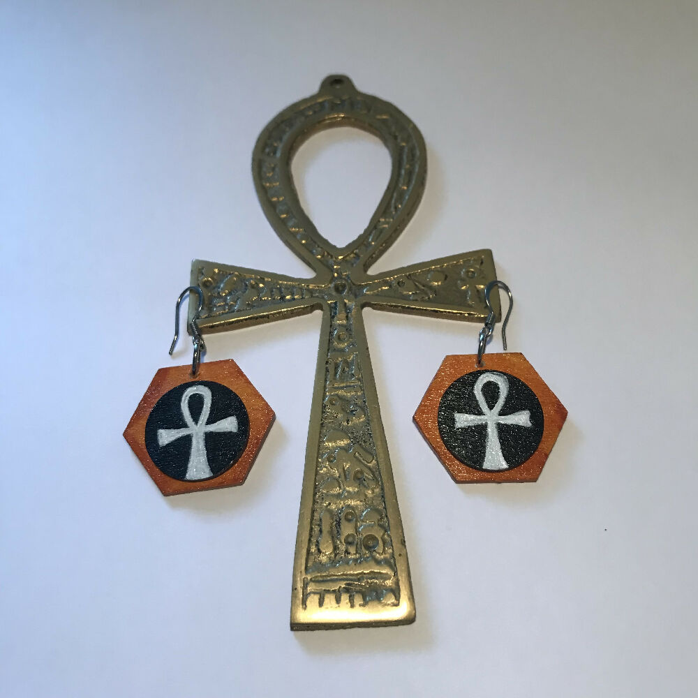 Hand Painted Wooden Earrings with Ankh Symbol