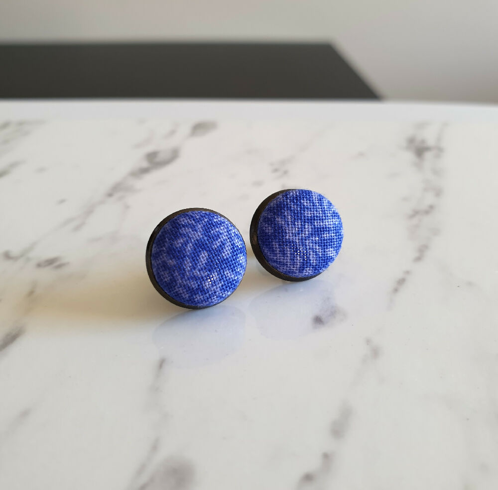 1.4cm Round Blue Purple Plants cotton fabric Cabochon stud earrings