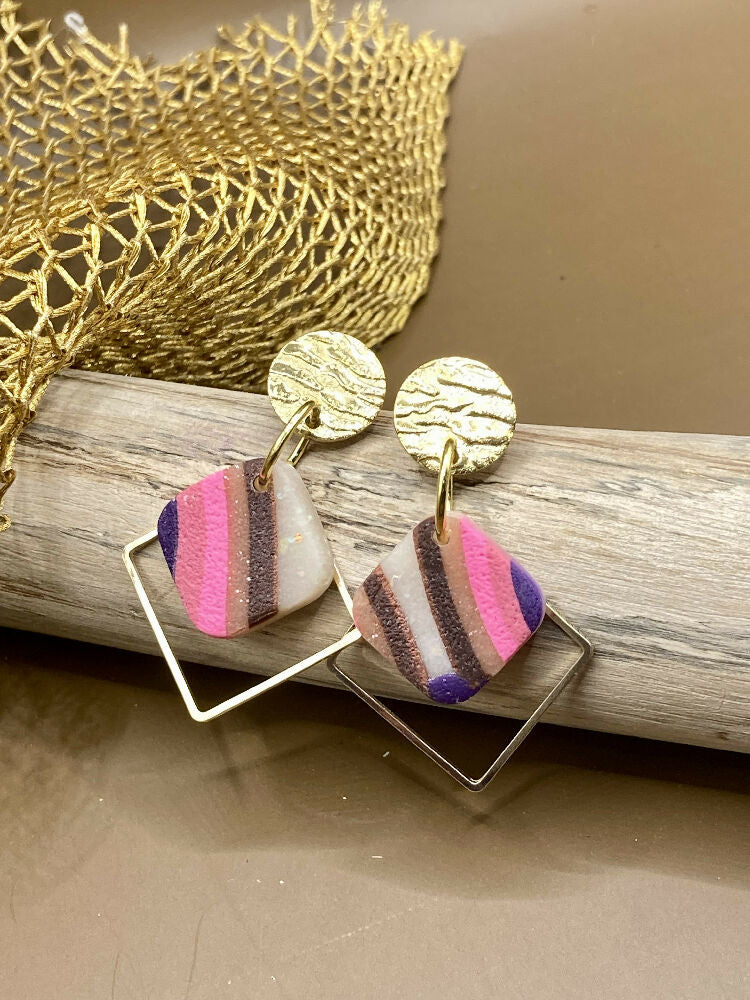 Magenta rainbow square dangle earrings