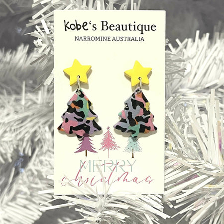 Leopard Print Christmas Tree Earrings with Bright Yellow Star Tops