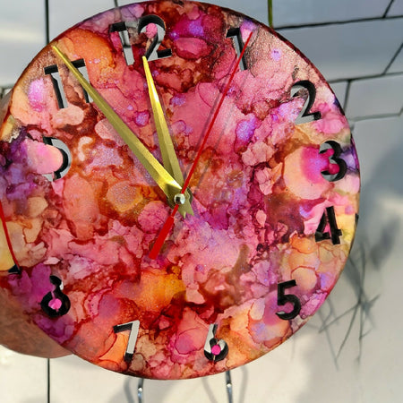 Timber Clock | 20cm Alcohol Ink | Multi Coloured /Pink/Red