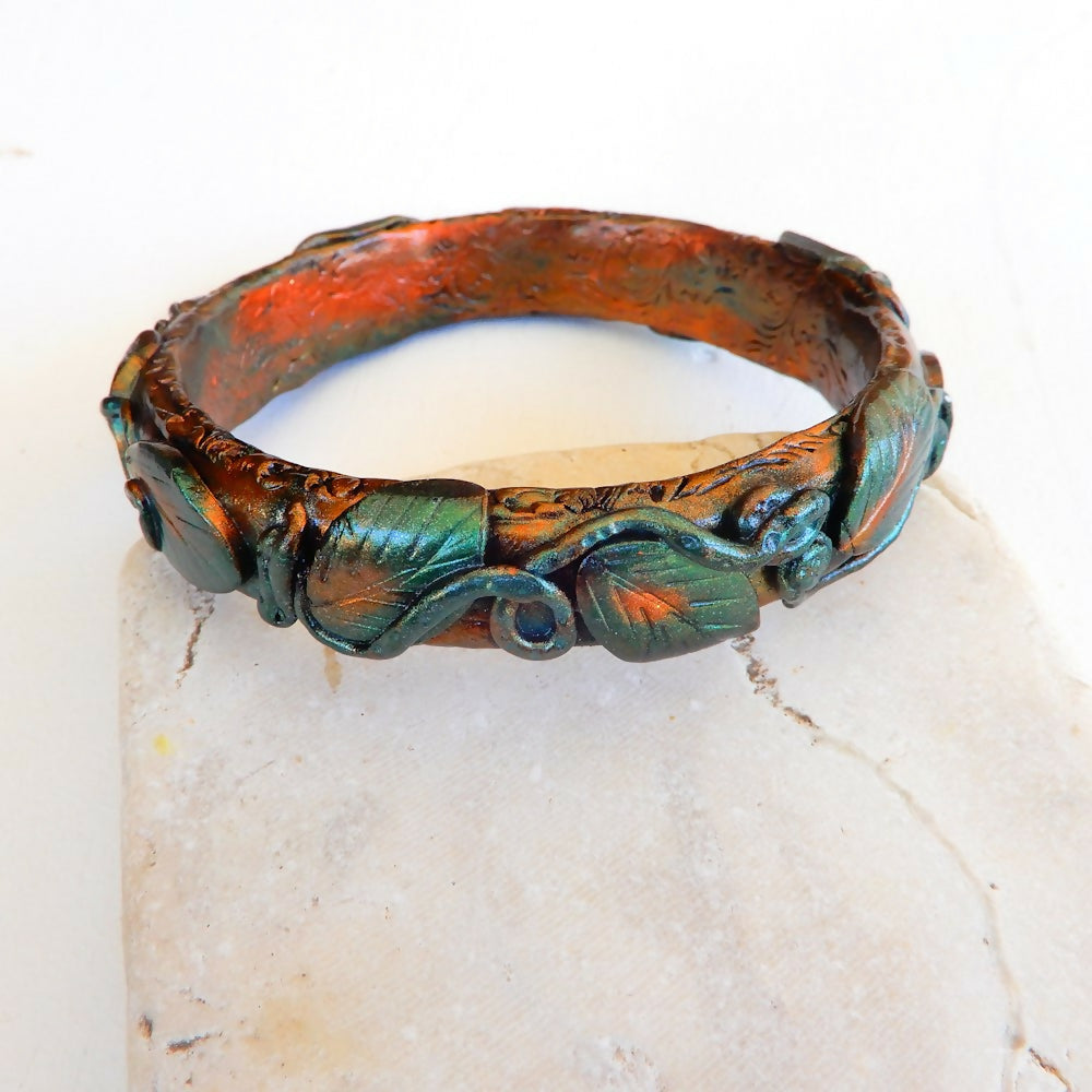 Copper & Green Polymer Clay Bangle "Autumn Leaves"