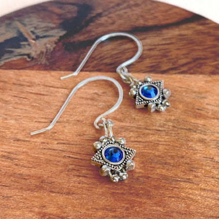 Blue crystal and silver vintage style dangle earrings