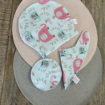 Bib, Burp cloth and reusable breast pad set