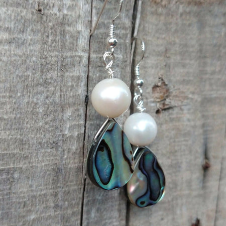 Freshwater pearls and Paua shell silver earrings