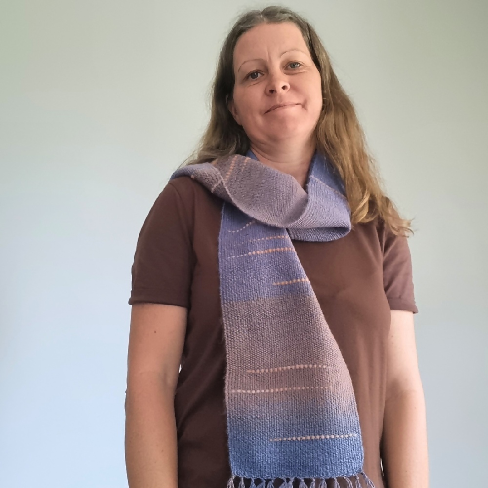 australian-artist-handmade-handwoven-blue-peach-wool-scarf-1