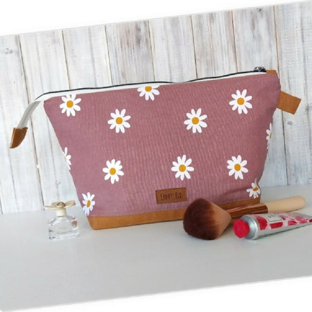 Antique Pink Daisies canvas makeup bag - Large floral zipper pouch