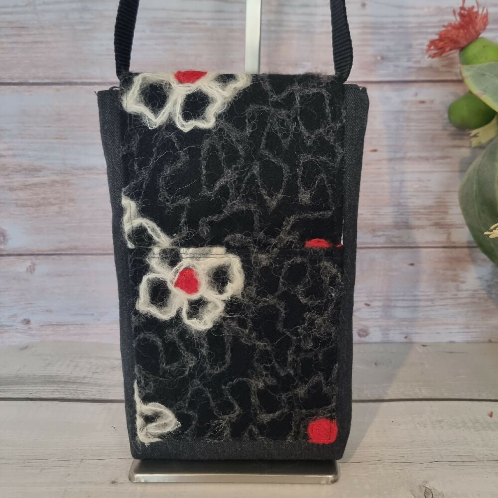 Upcycled mobile phone crossbody - felted black, red & white
