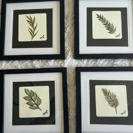 botanical set , watercolors , set of 4 , framed with double matt board