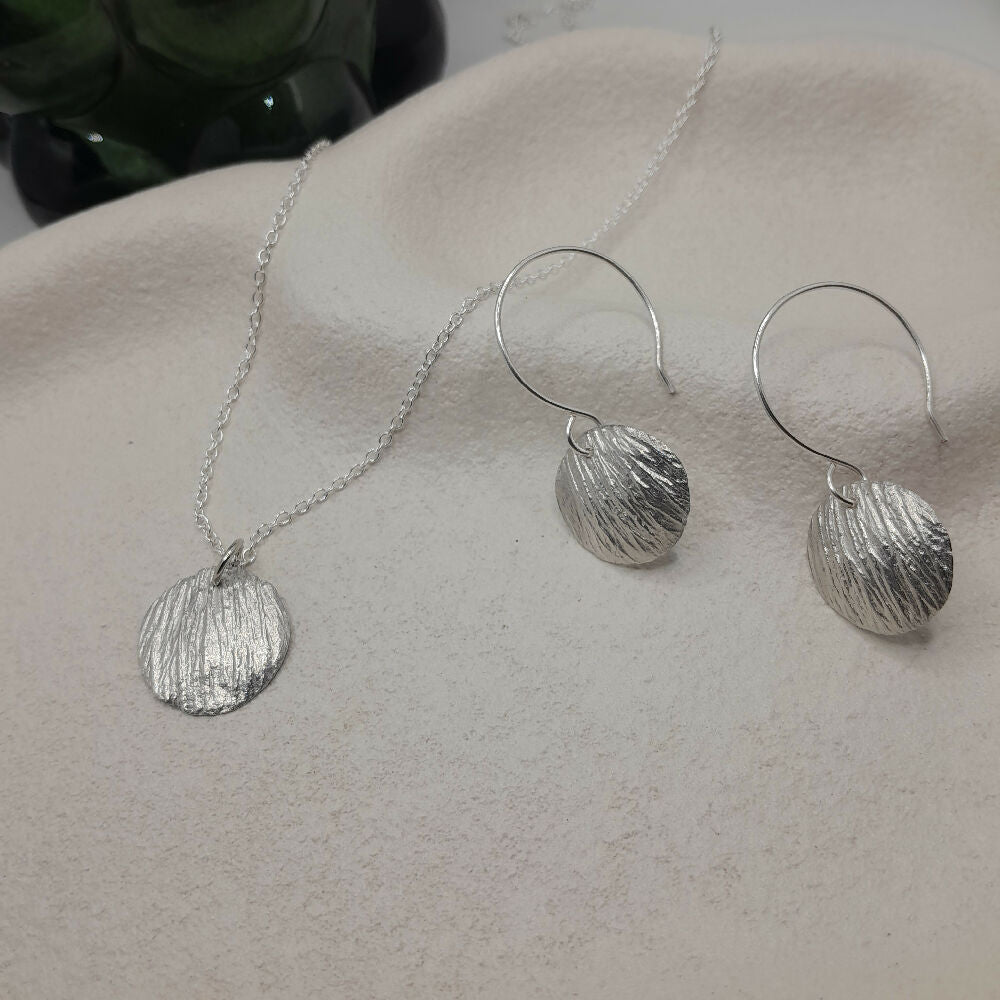 Fine silver earrings and necklace rose petal textured-handmade ear wire