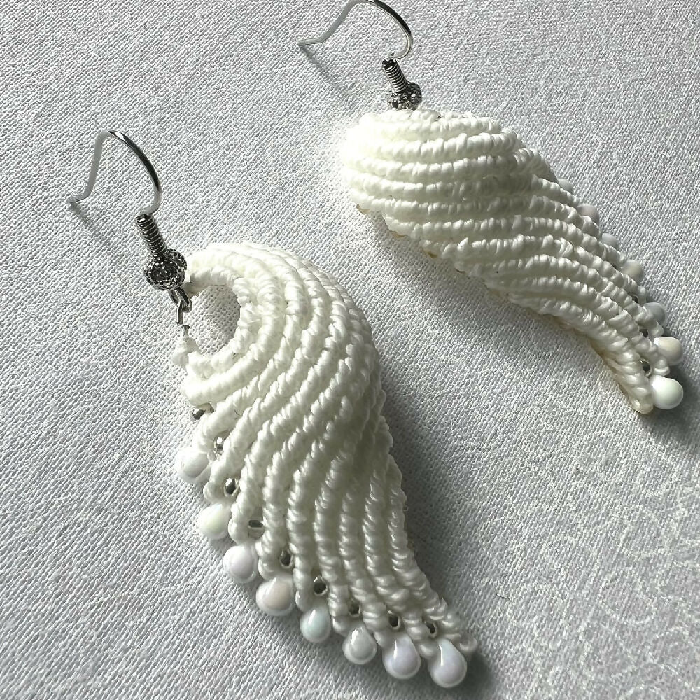 SOLD OUT - White Wing Micro Macrame Earrings +Free Microfibre Pouch