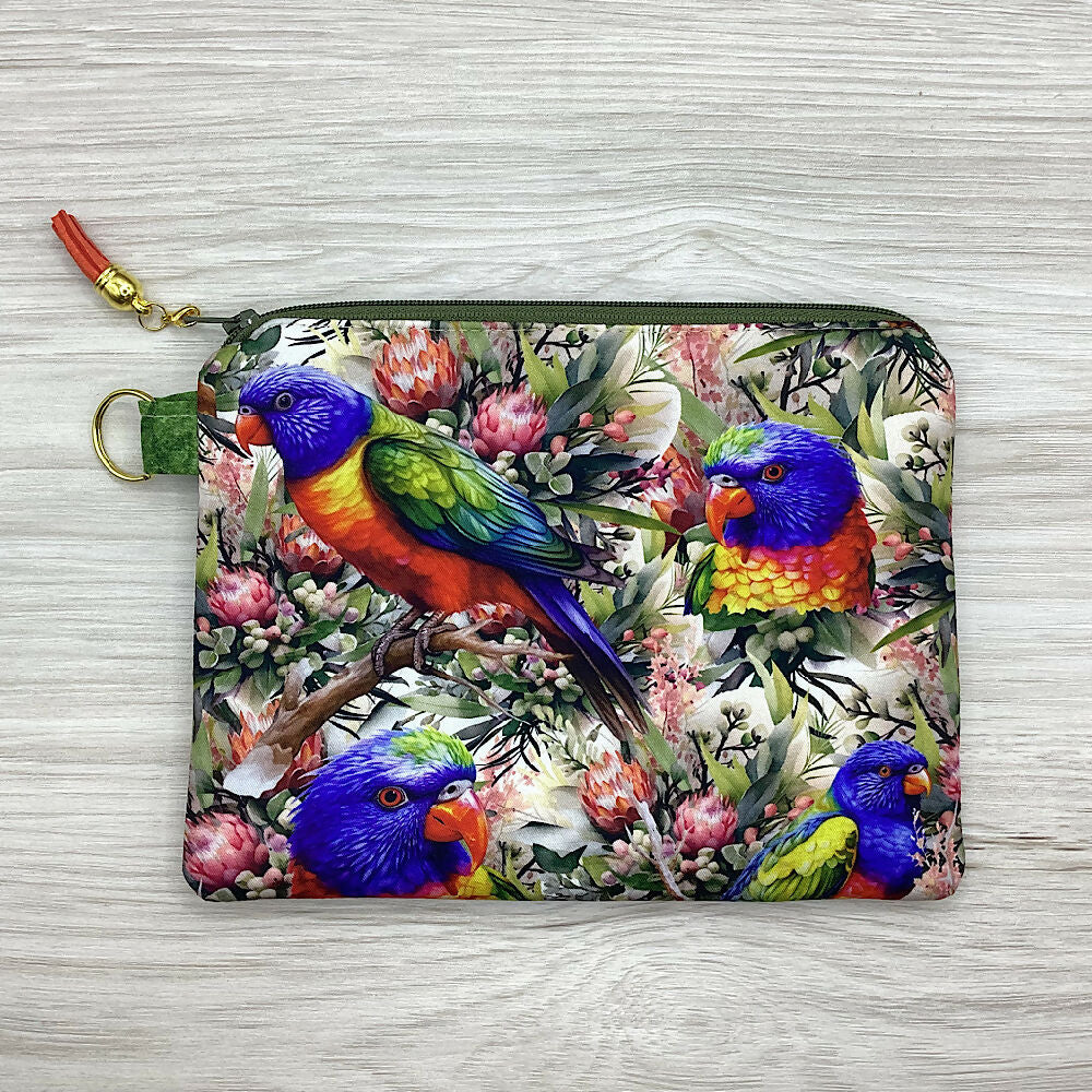 Lorikeets parrots Zip Pouch (21cm x 16cm) Fully lined, lightly padded