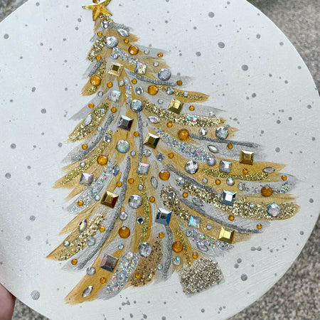 Gold & Silver Christmas tree painting with glitter & rhinestones