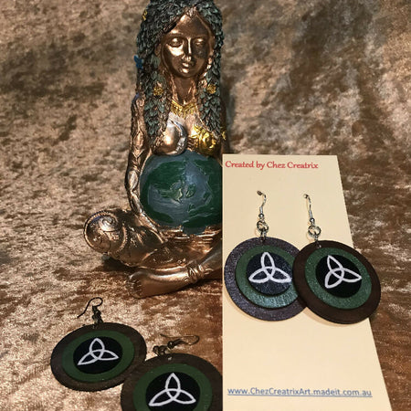 Hand Painted Round Wooden Earrings with Triquetra Symbol