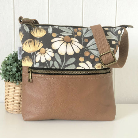 Zipper Bag in Tan Leather and Floral Wilderness Fabric