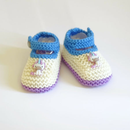 Knit purple and blue baby girl shoes with unicorns size 3-6 months