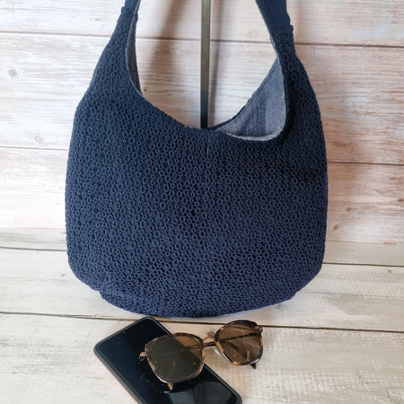 Upcycled hobo slouch bag - textured navy blue fabric & denim