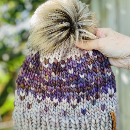 Ladies Beanie, Hand knitted purple and beige beanie