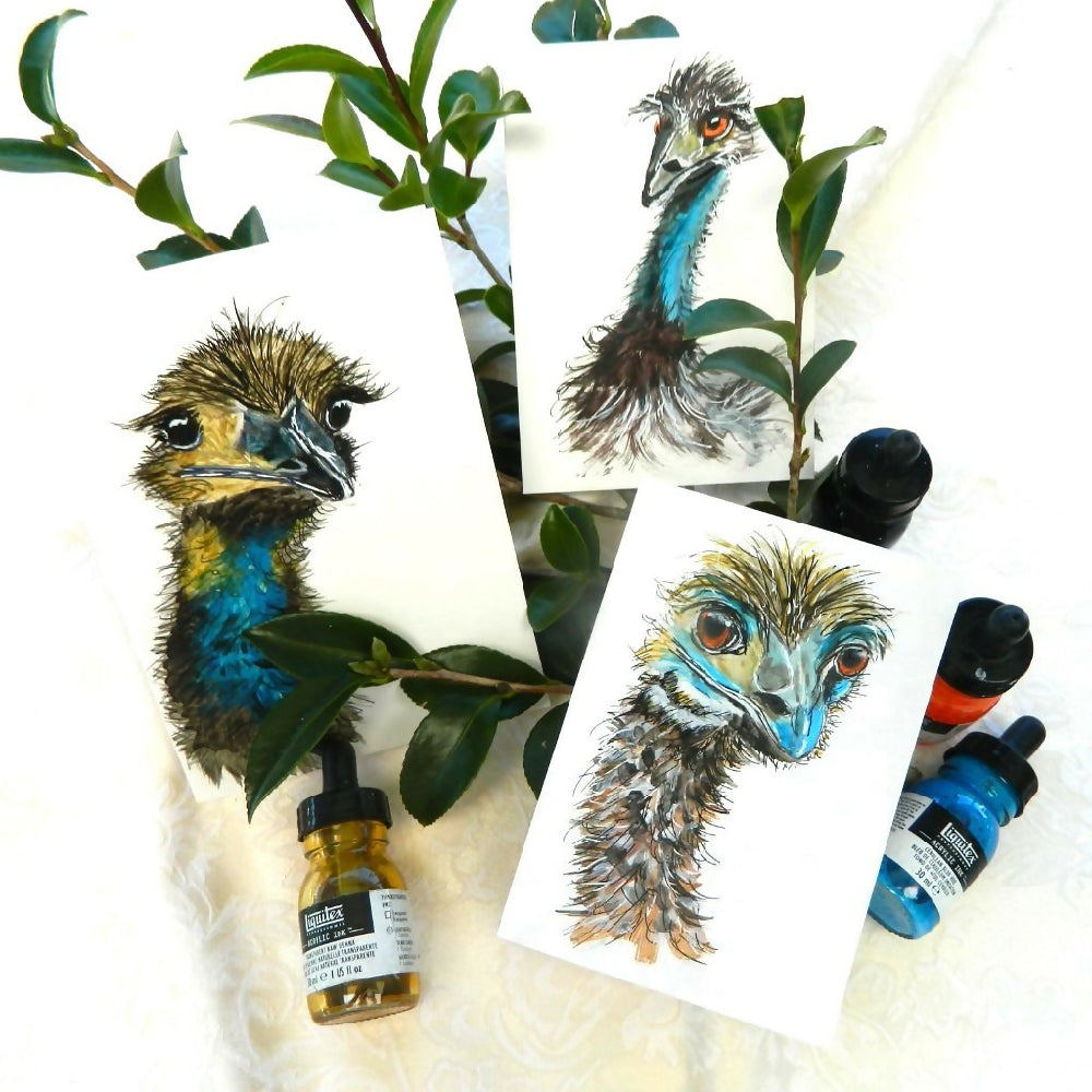 3 emu cards with leaves and ink