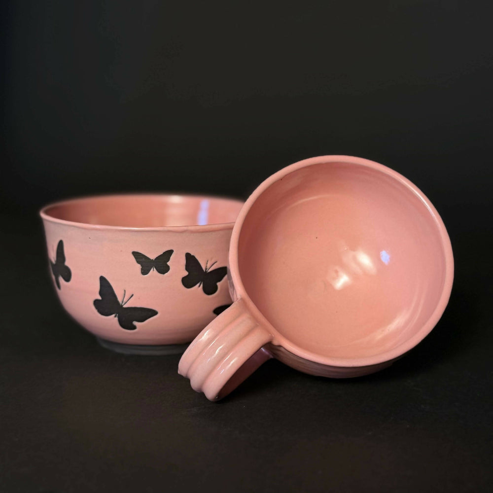 Australian-Ceramic-Pottery-Artist-Ana-Ceramica-Home-Decor-Kitchen-and-Dining-Servingware-Papillon-Noir-2-Piece-Breakfast-Set-Pink-Black-Wheel-Thrown-Pottery